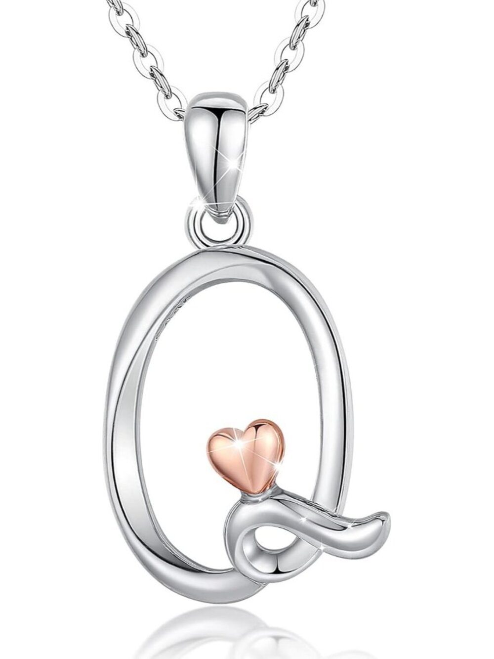 Women's Initial Q Necklace Sterling Silver Letter Pendant Rose Gold Heart Chain